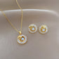 Fashion Jewelry Square Full Diamond Personalized Round Ring Leaves Necklace And Earrings Suite